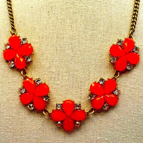 Vintage Orange Flower Statement Necklace With Rhinestones B38 - Picture 1 of 8